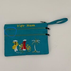 Vietnam Embroidered Teal Wristlet Pouch